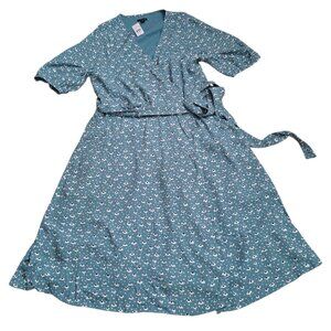 Ann Taylor Women's Short Sleeve Blue Floral Wrap Midi Dress Work Travel Sz 10